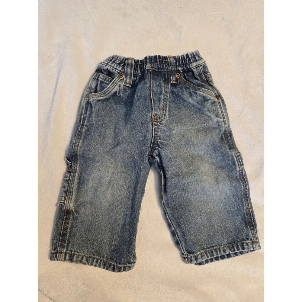 Children's Place Baby Carpenter Jeans 6-9M Elastic Waist Denim Cargo Blue Boys